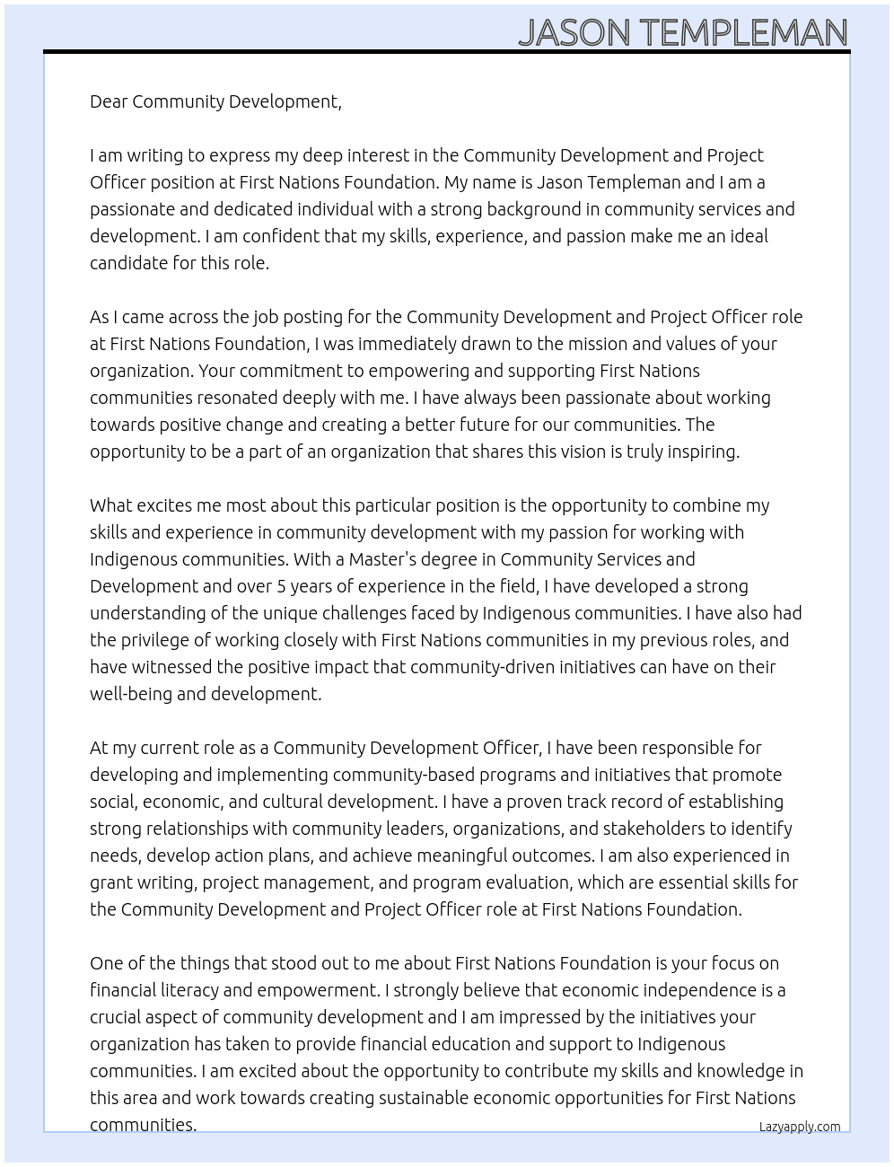 Community Development and Project Officer At First Nations Foundation Cover Letter