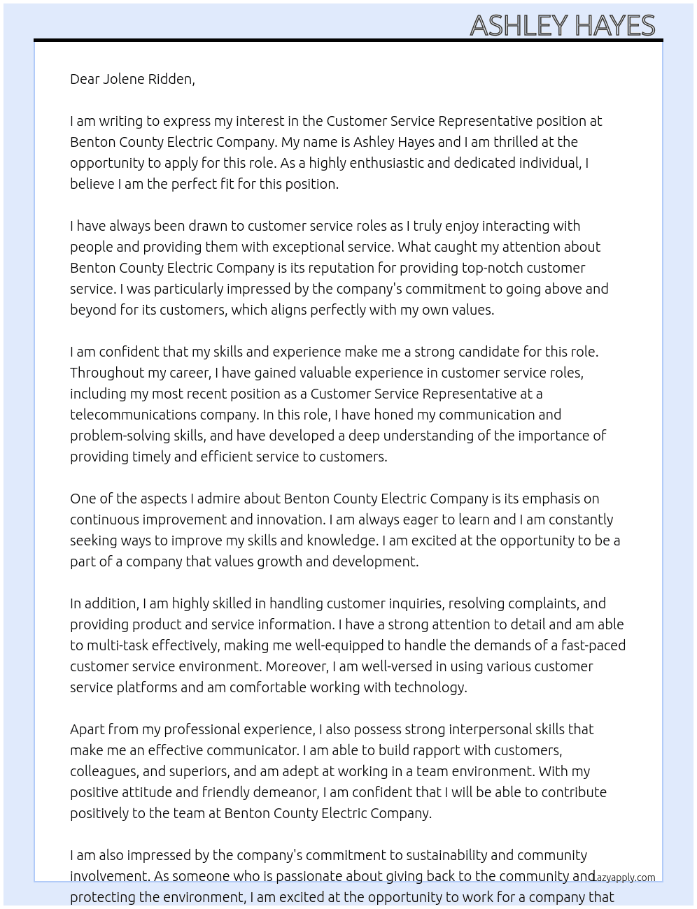 Customer Service Representative  At Benton County Electric Company  Cover Letter