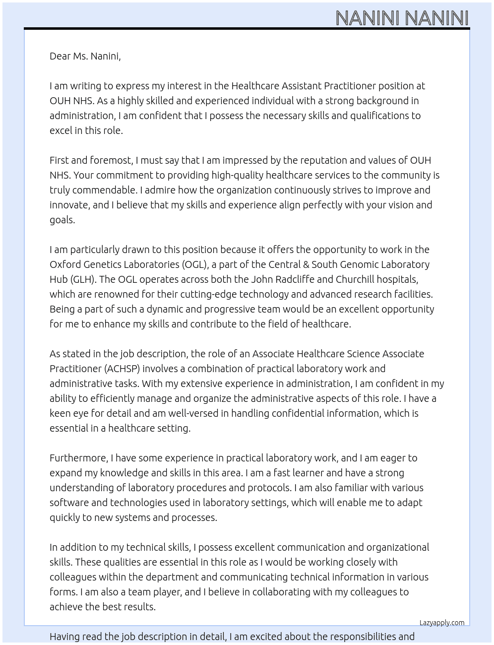 Healthcare assistant practitioner  At OUH NHS Cover Letter