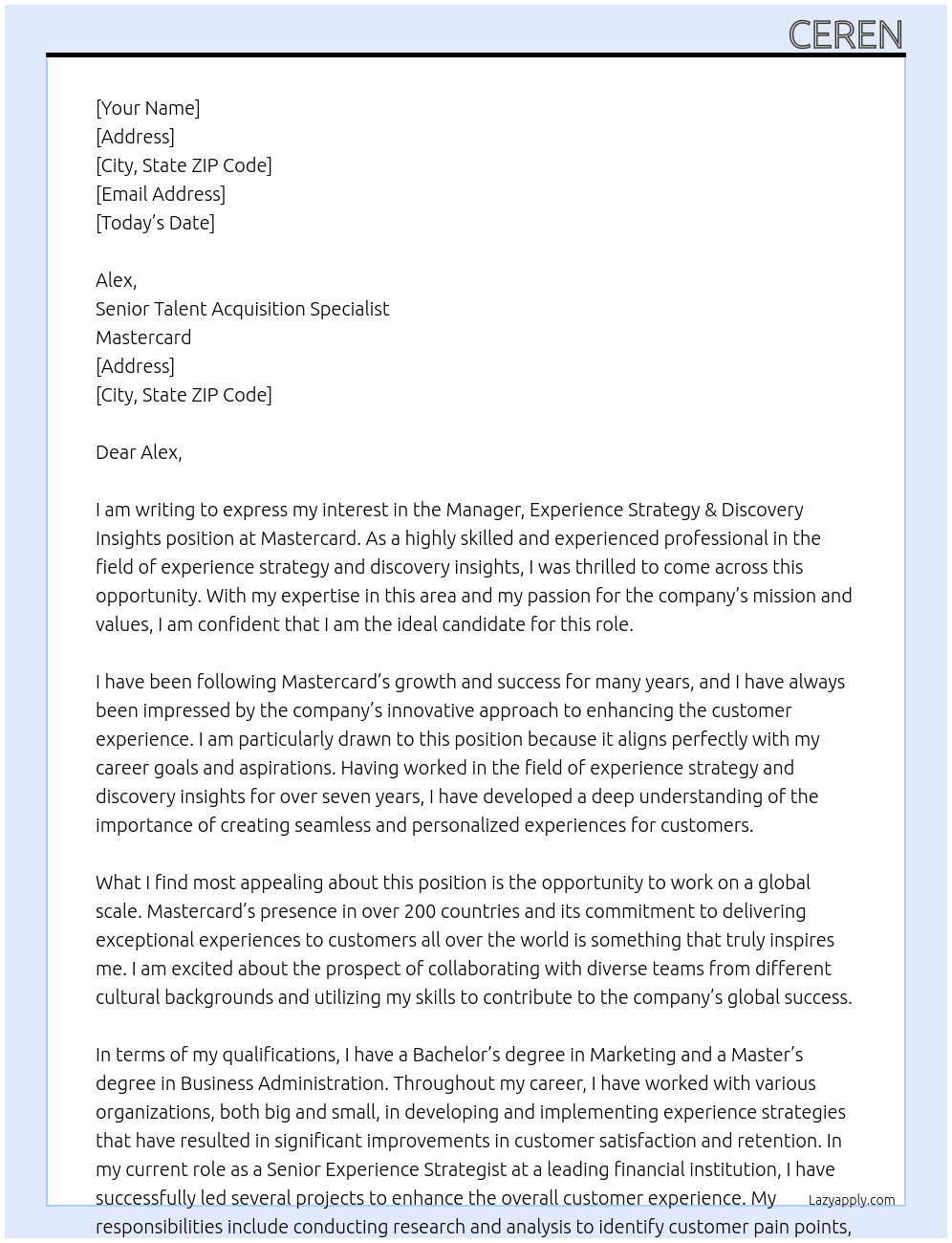Manager, Experience Strategy & Discovery Insights At Msatercard Cover Letter