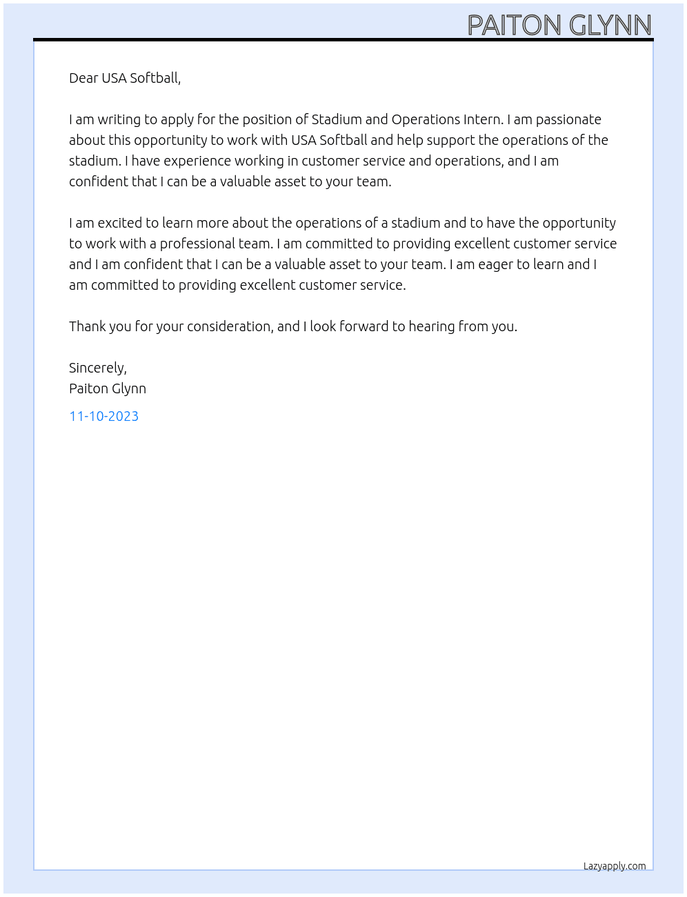 Stadium and Operations Intern At USA Softball Cover Letter
