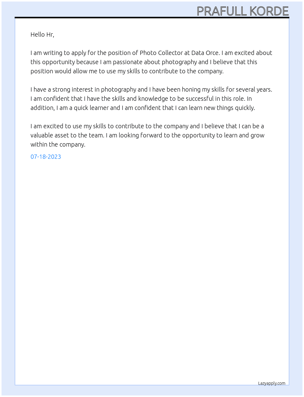 Photo collector At Data orce Cover Letter