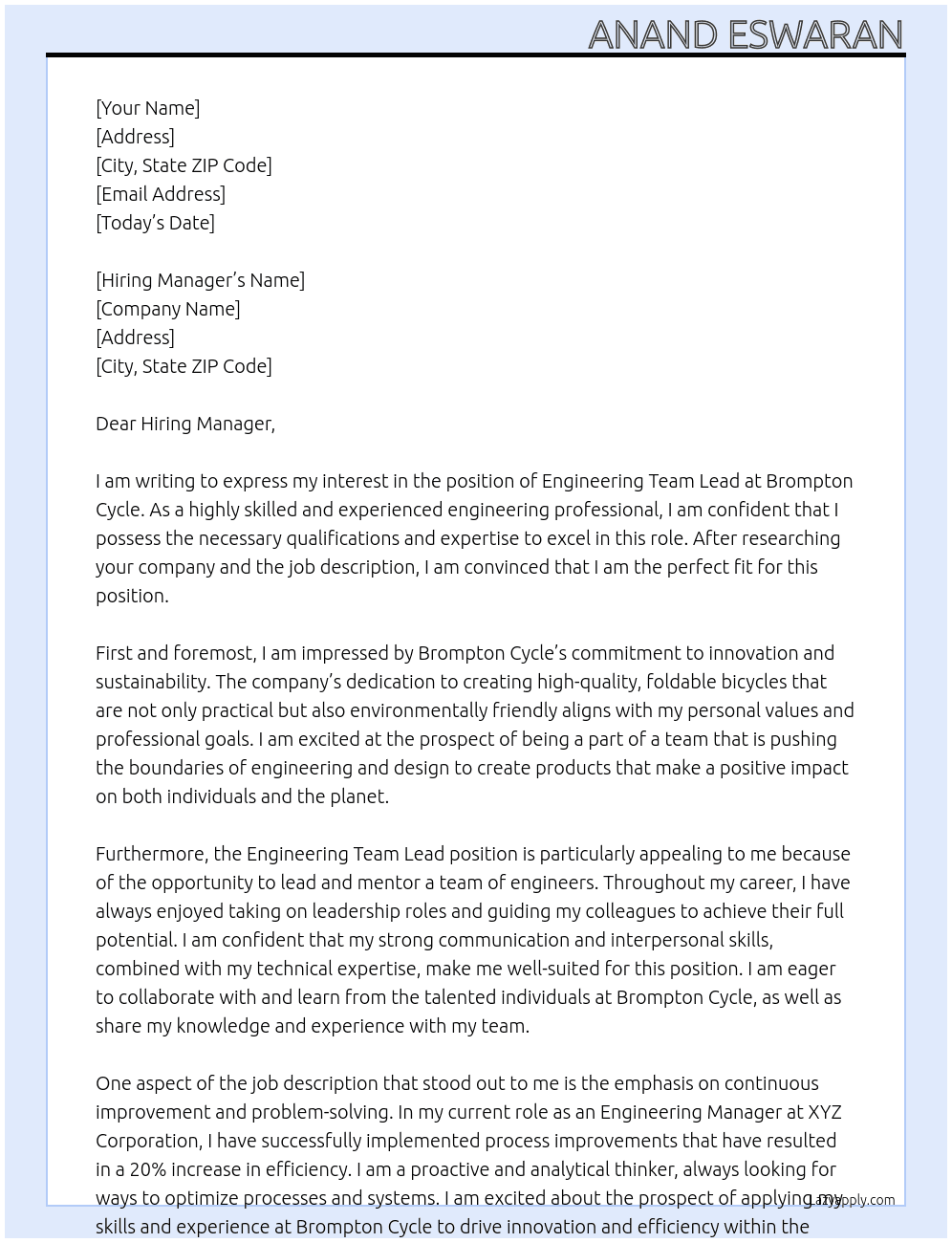 Engineering Team Lead At Brompton Cycle Cover Letter