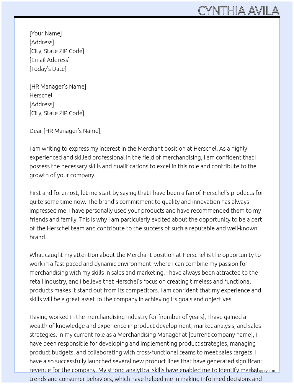 Merchant At Herschel Cover Letter