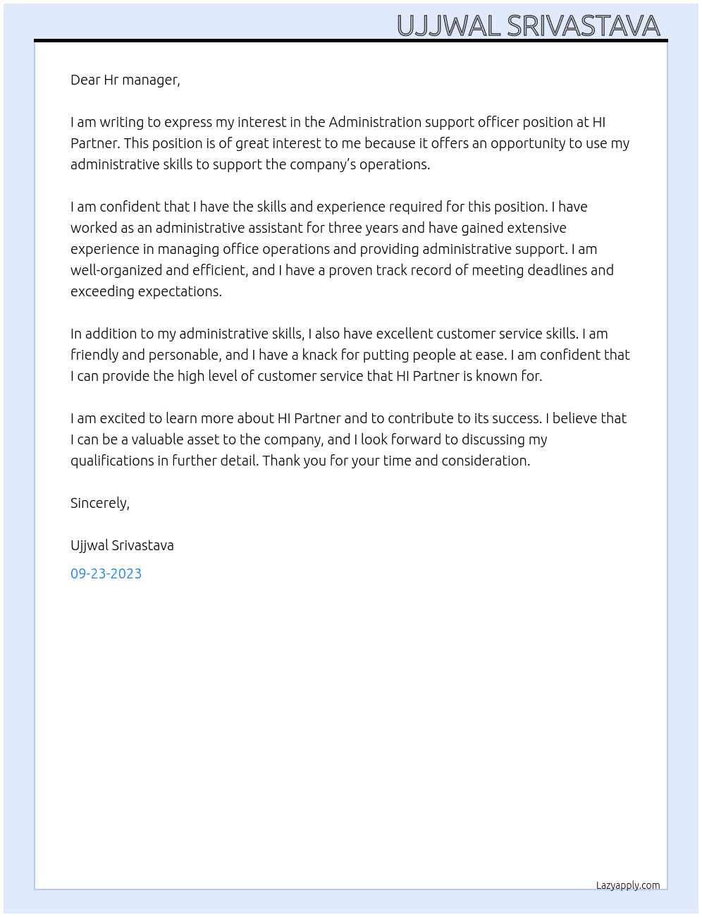Administration support officer  At HI Partner  Cover Letter