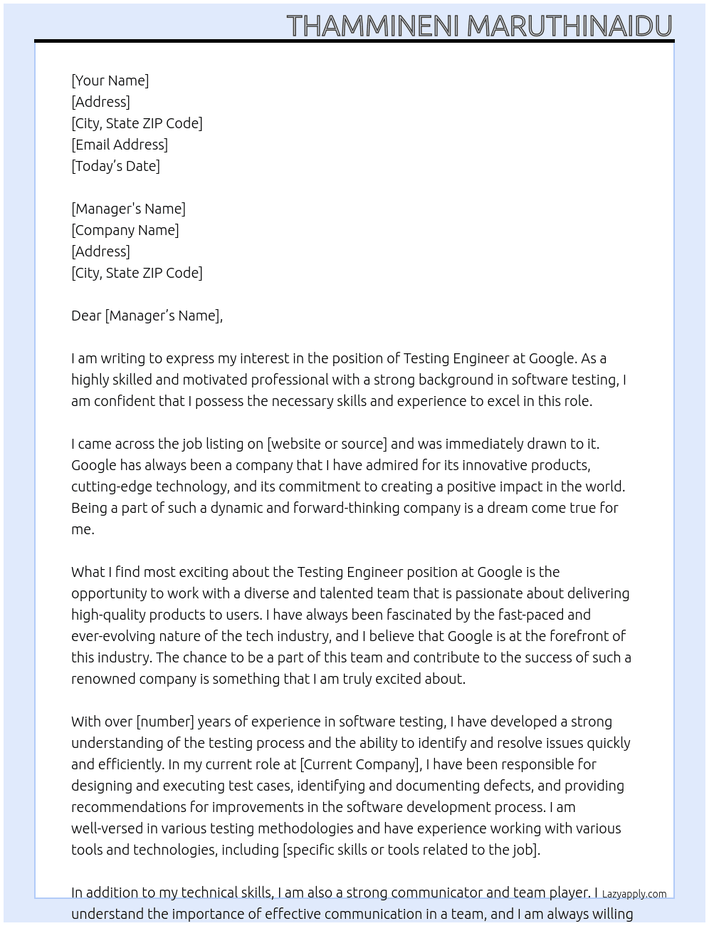 testing Engineer At google Cover Letter
