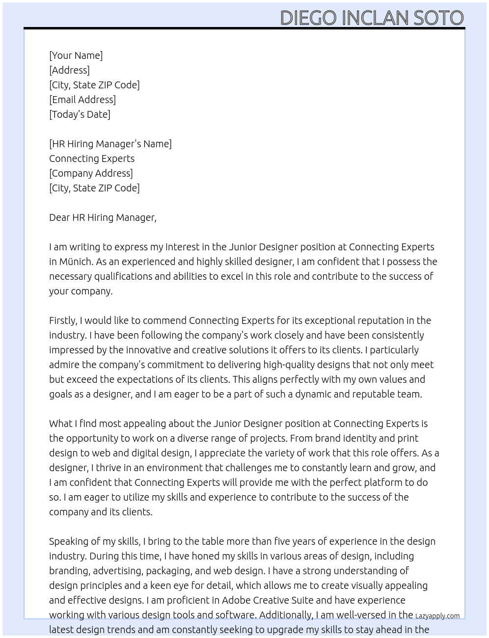 Junior Designer At Connecting Experts Cover Letter