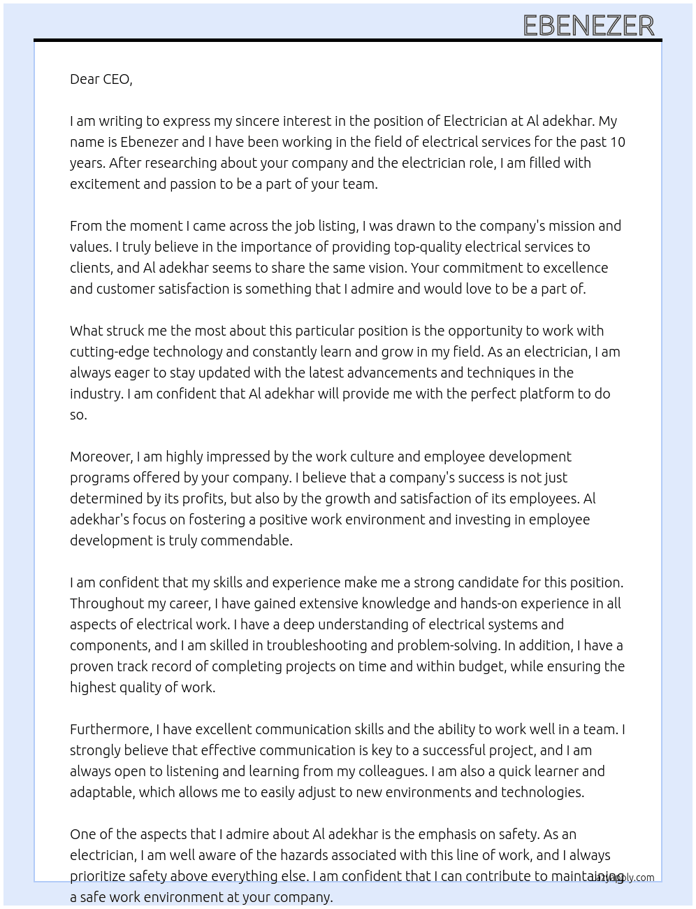 Electrician  At Al adekhar Cover Letter