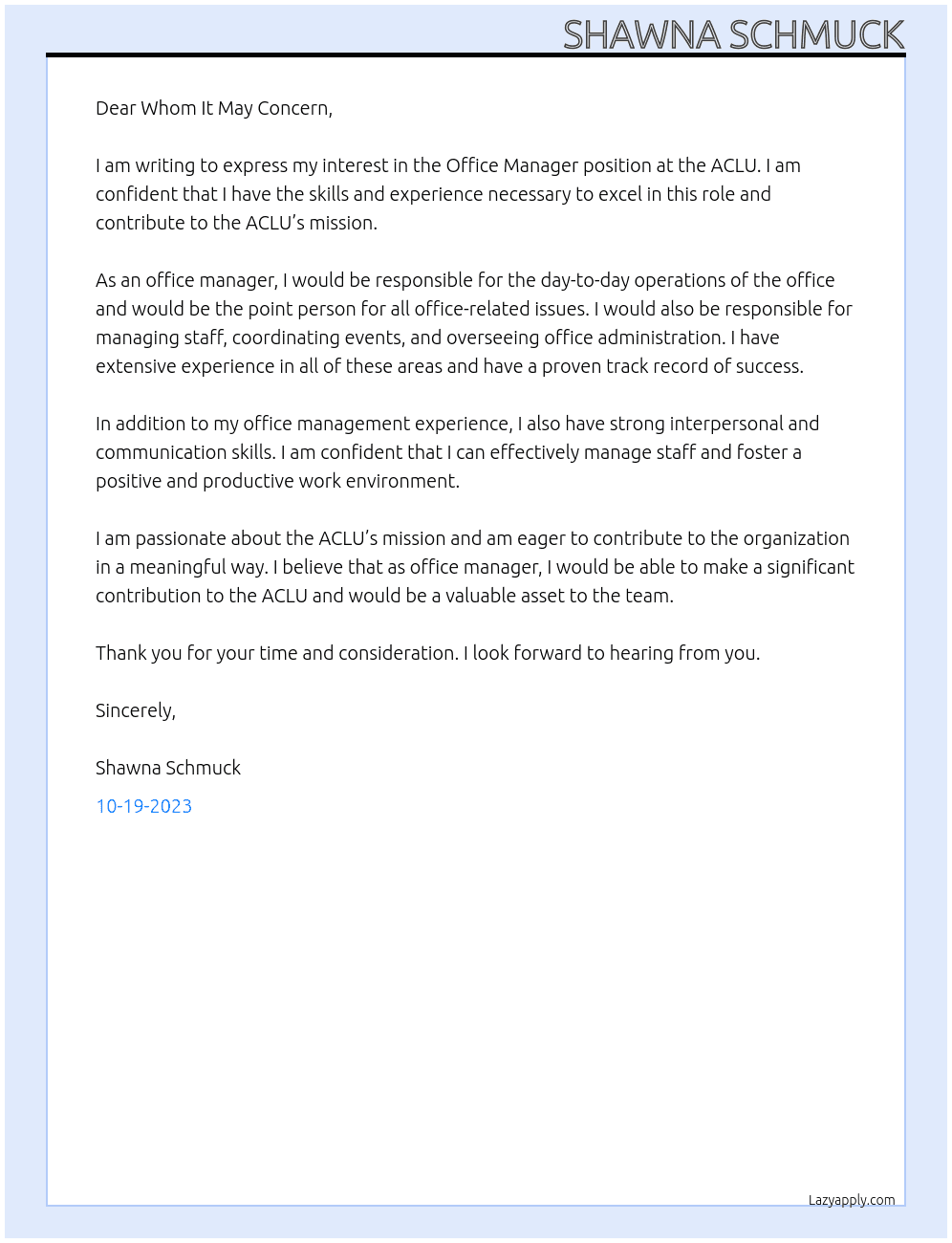 office manager At ACLU Cover Letter