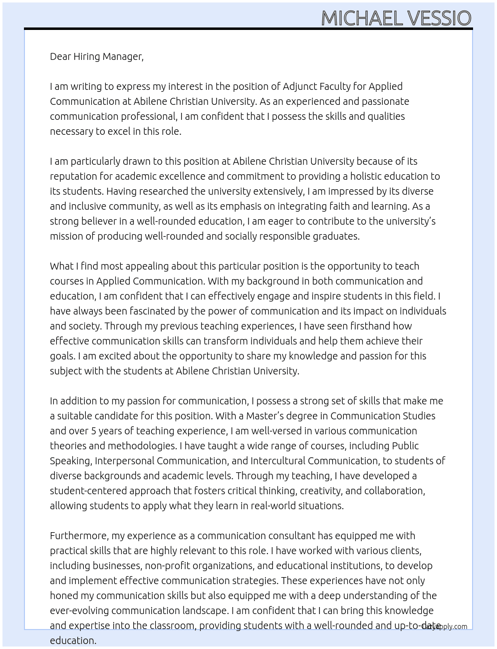 Adjunct Faculty - Applied Communication At Abilene Christian University Cover Letter