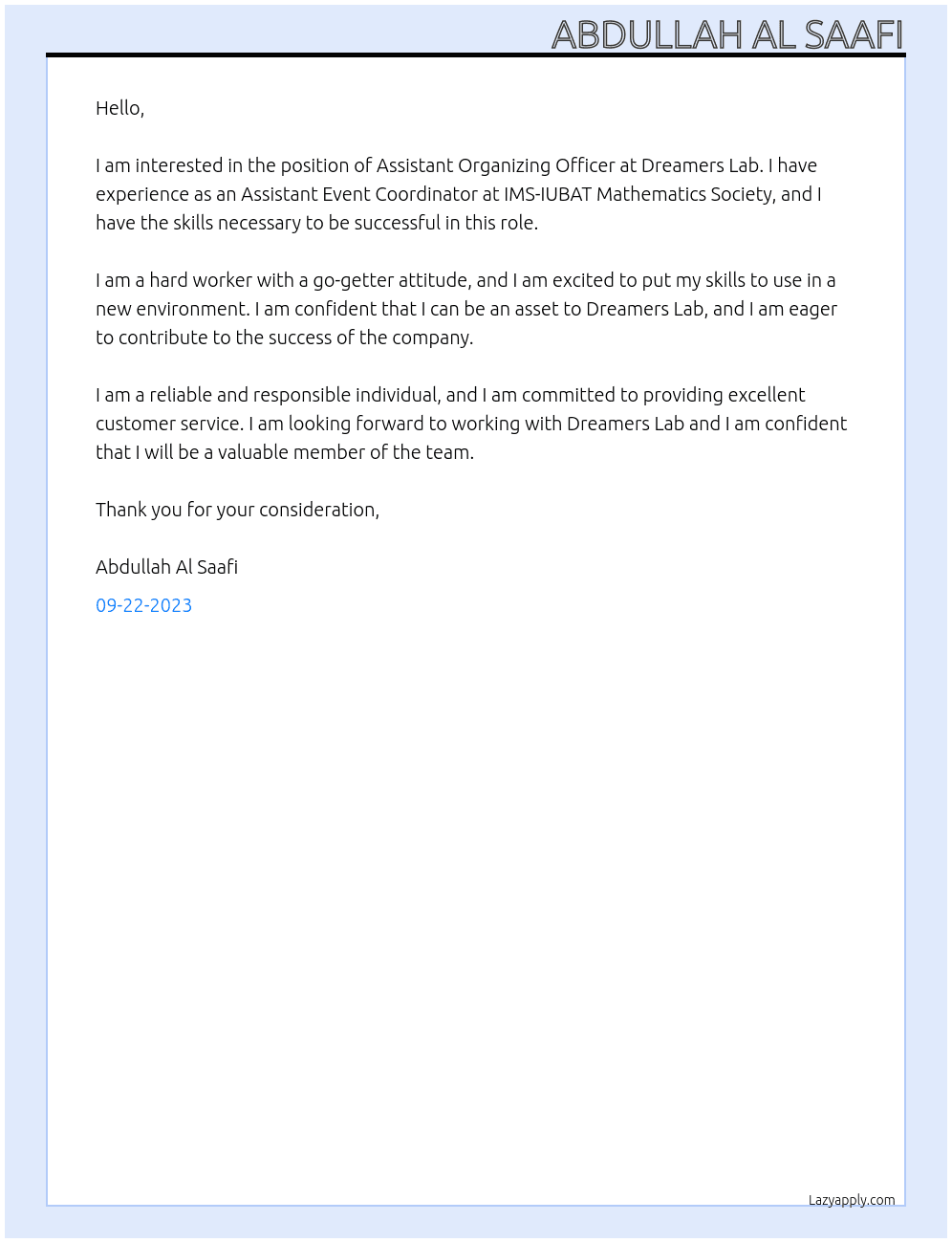 Assistant Organizing Officer At Dreamers Lab Cover Letter