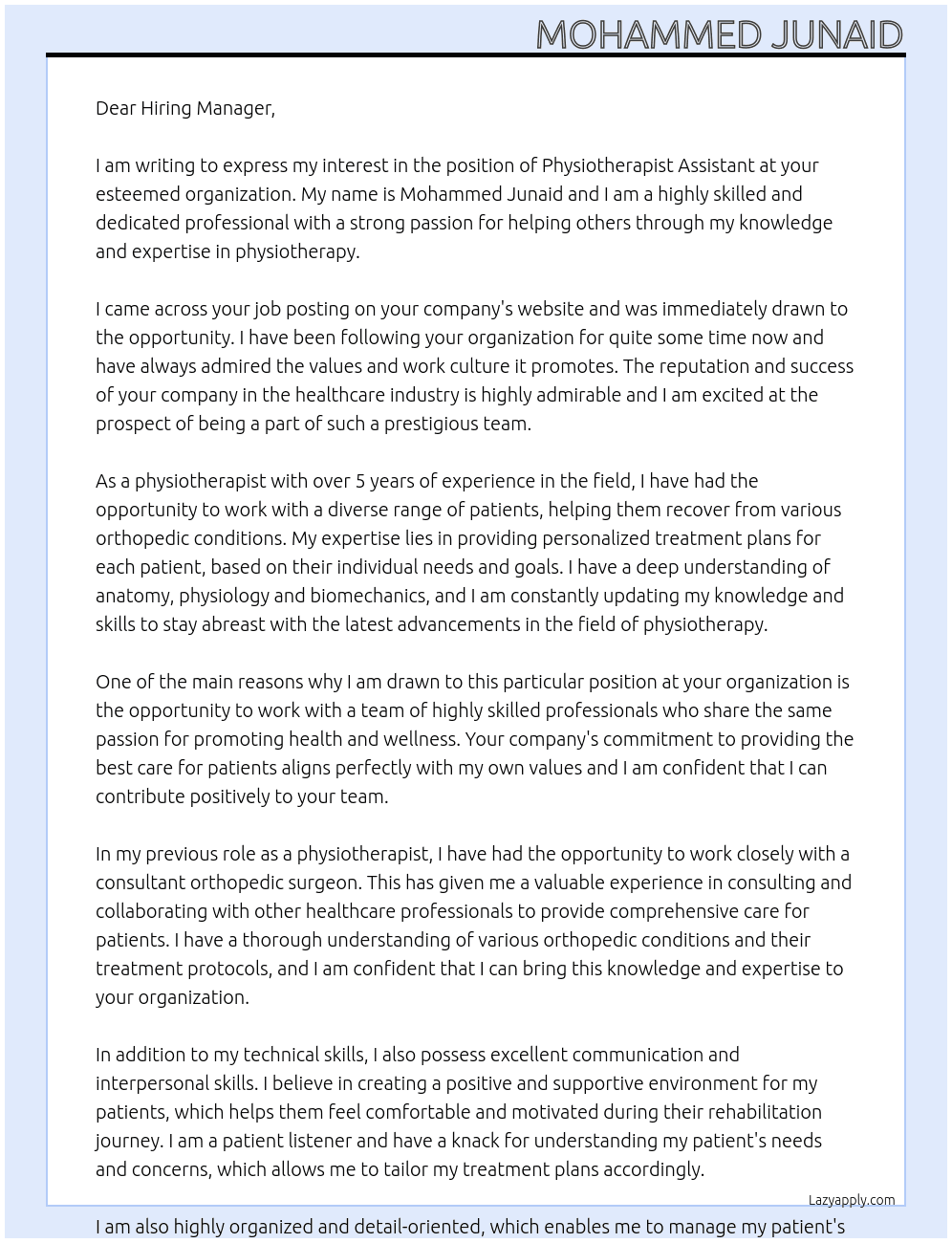 Physiotherapist Assistant At esteemed organizationn Cover Letter