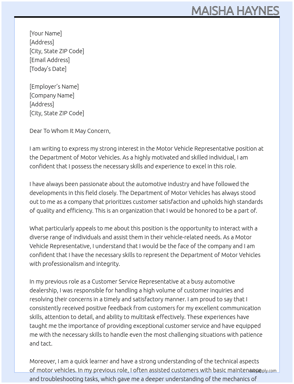 Motor Vehicle Representatives At Department Of Motor Vehicles Cover Letter