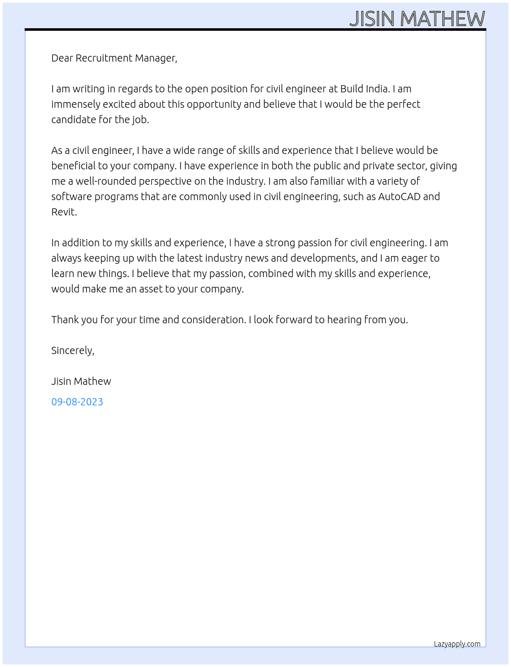 Civil Engineer At Build India  Cover Letter
