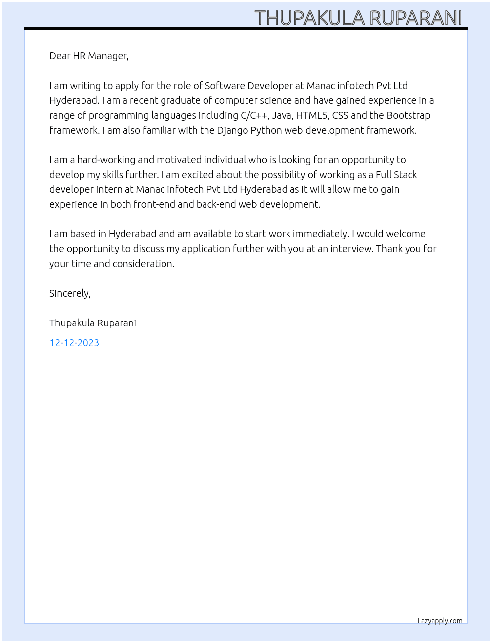 Software Developer  At Manac infotech Pvt Ltd Hyderabad  Cover Letter
