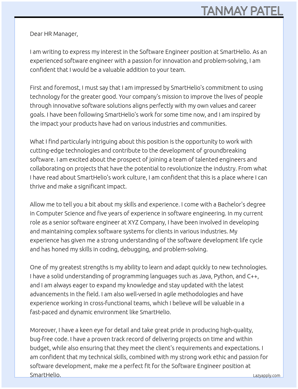 Software Engineer At SmartHelio Cover Letter