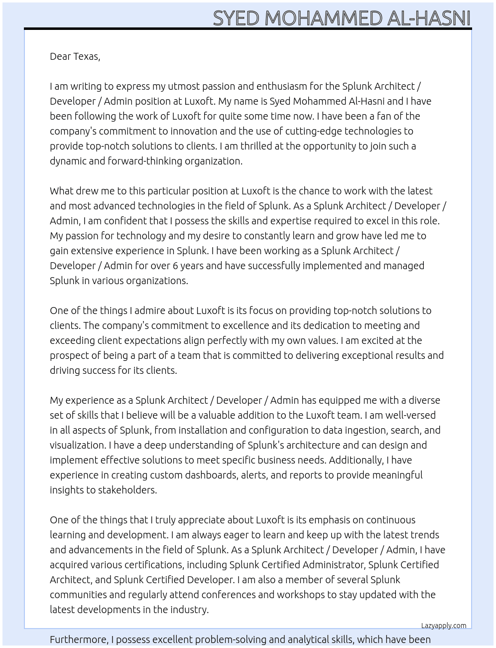 Splunk Architect / Developer / Admin  At Luxoft Cover Letter