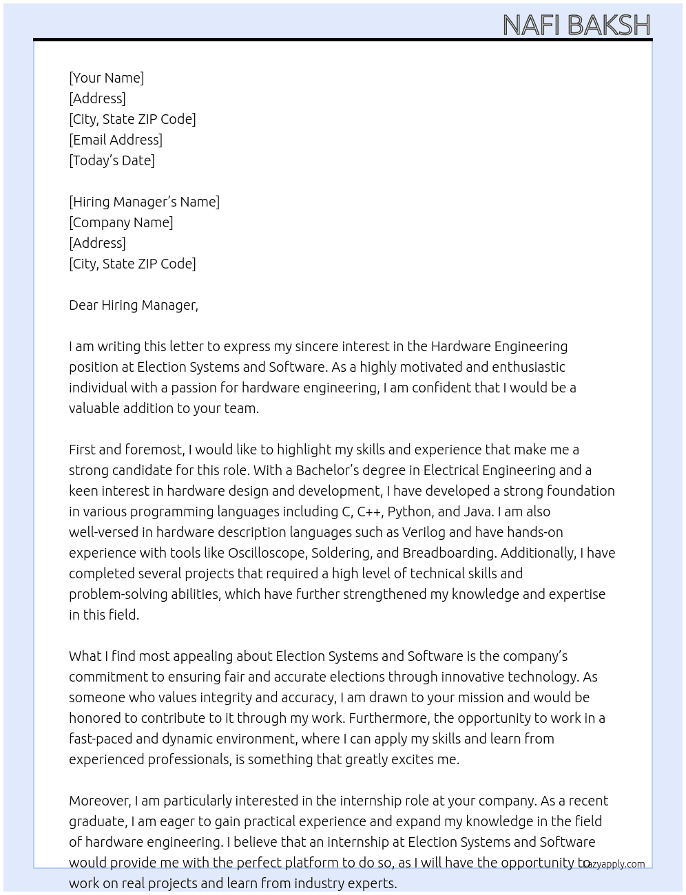 Hardware Engineering At Election Systems and Software Cover Letter