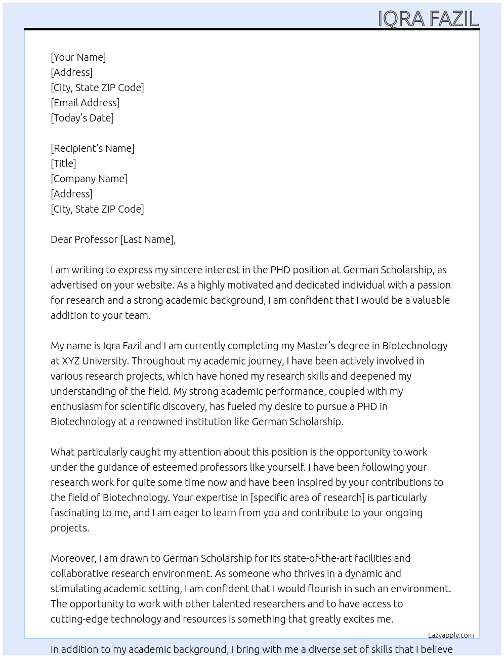 PHD POSITION At GERMAN SCHOLARSHIP Cover Letter