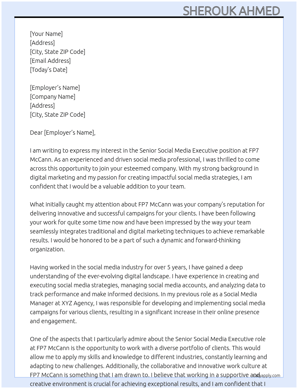 Senior Social Media Executive At FP7 McCann Cover Letter