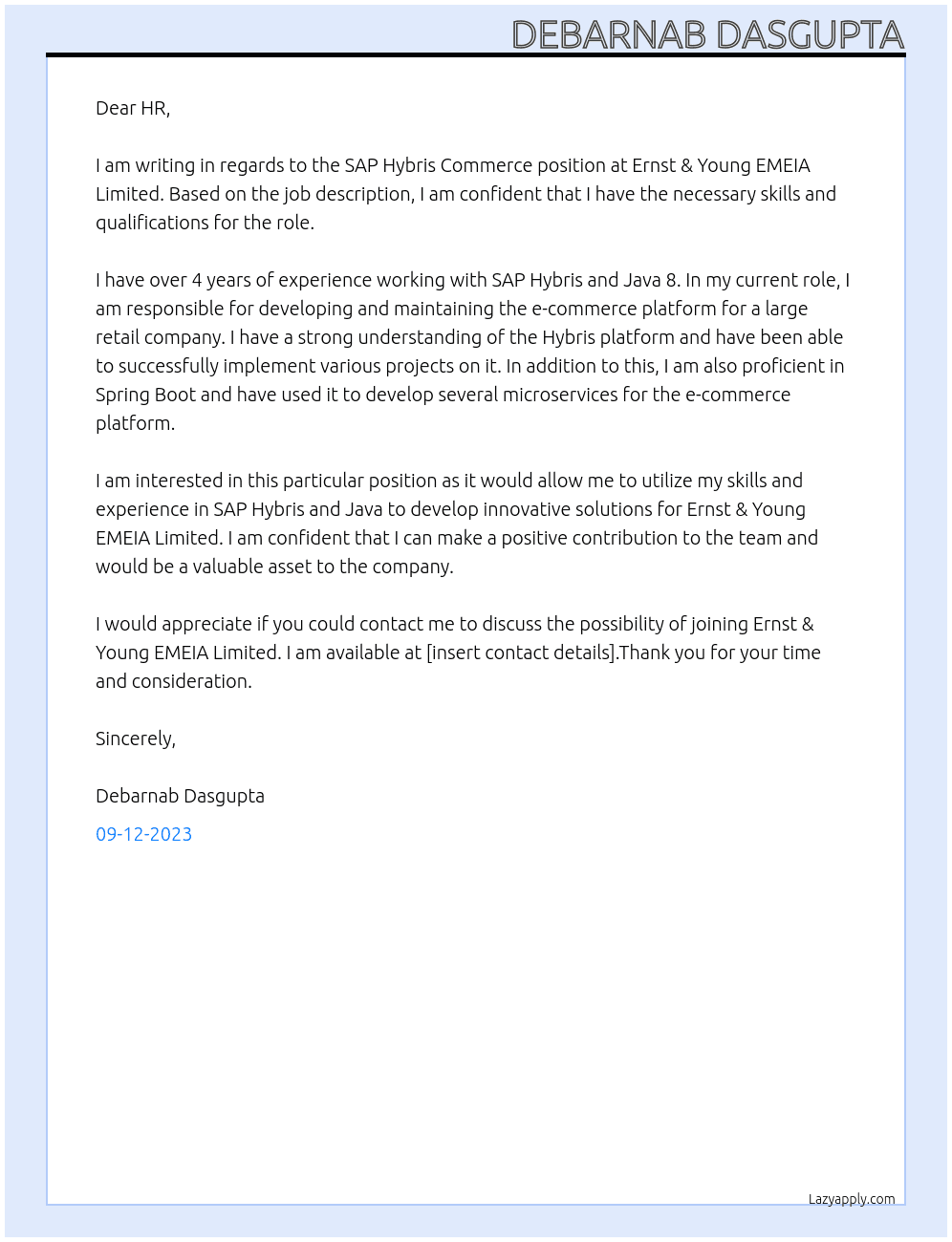 SAP Hybris Commerce At Ernst & Young EMEIA Limited Cover Letter
