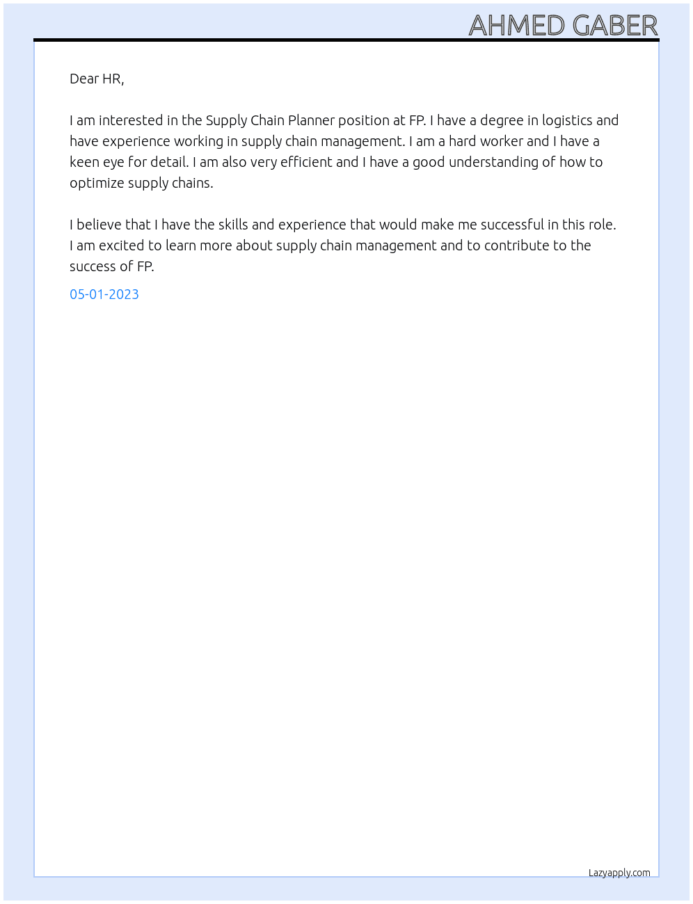 Supply Chain Planner  At FP Cover Letter