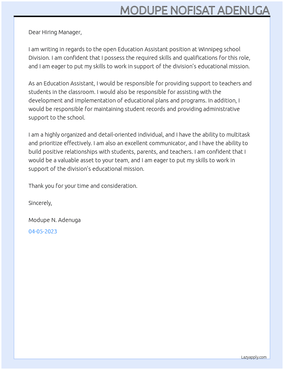 Education Assistant At Winnipeg school Division Cover Letter