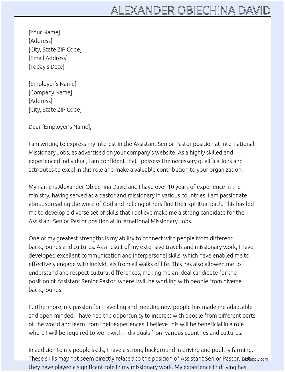Assistant senior pastor  At International Missionary jobs  Cover Letter