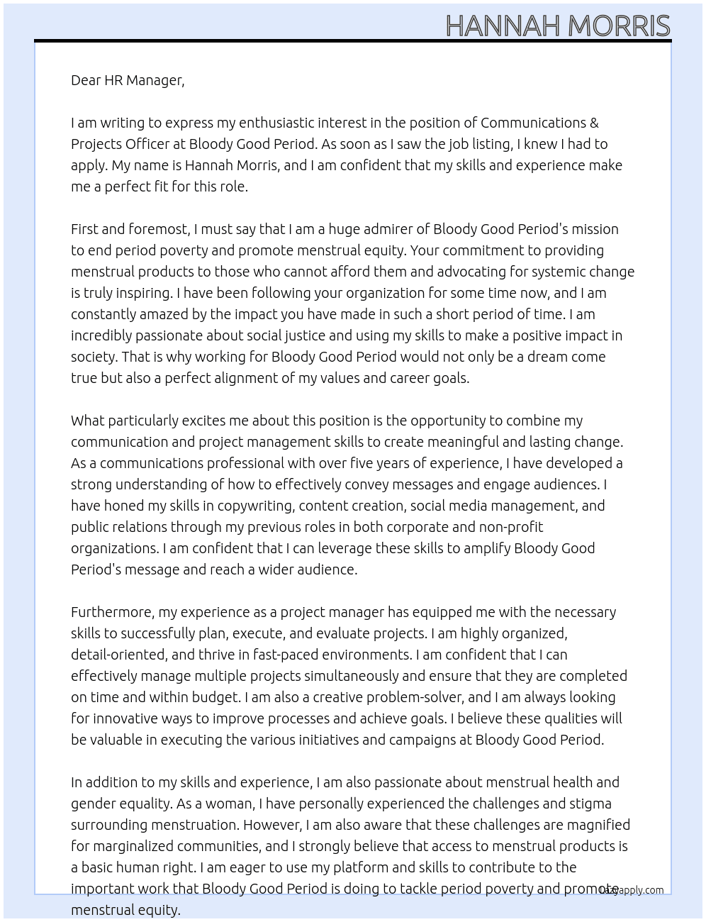 Communications & Projects Officer At Bloody Good Period Cover Letter