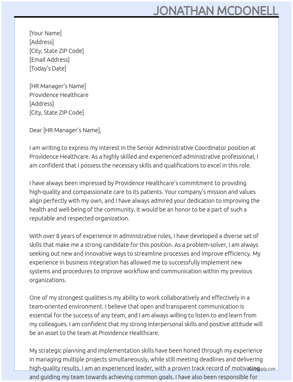 Senior Administrative Coordinator At Providence Healthcare Cover Letter