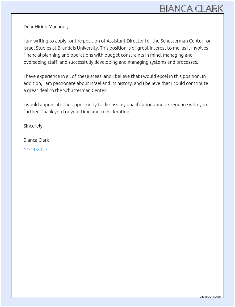Assistant Director for the Schusterman Center for Israel Studies At Brandeis University  Cover Letter