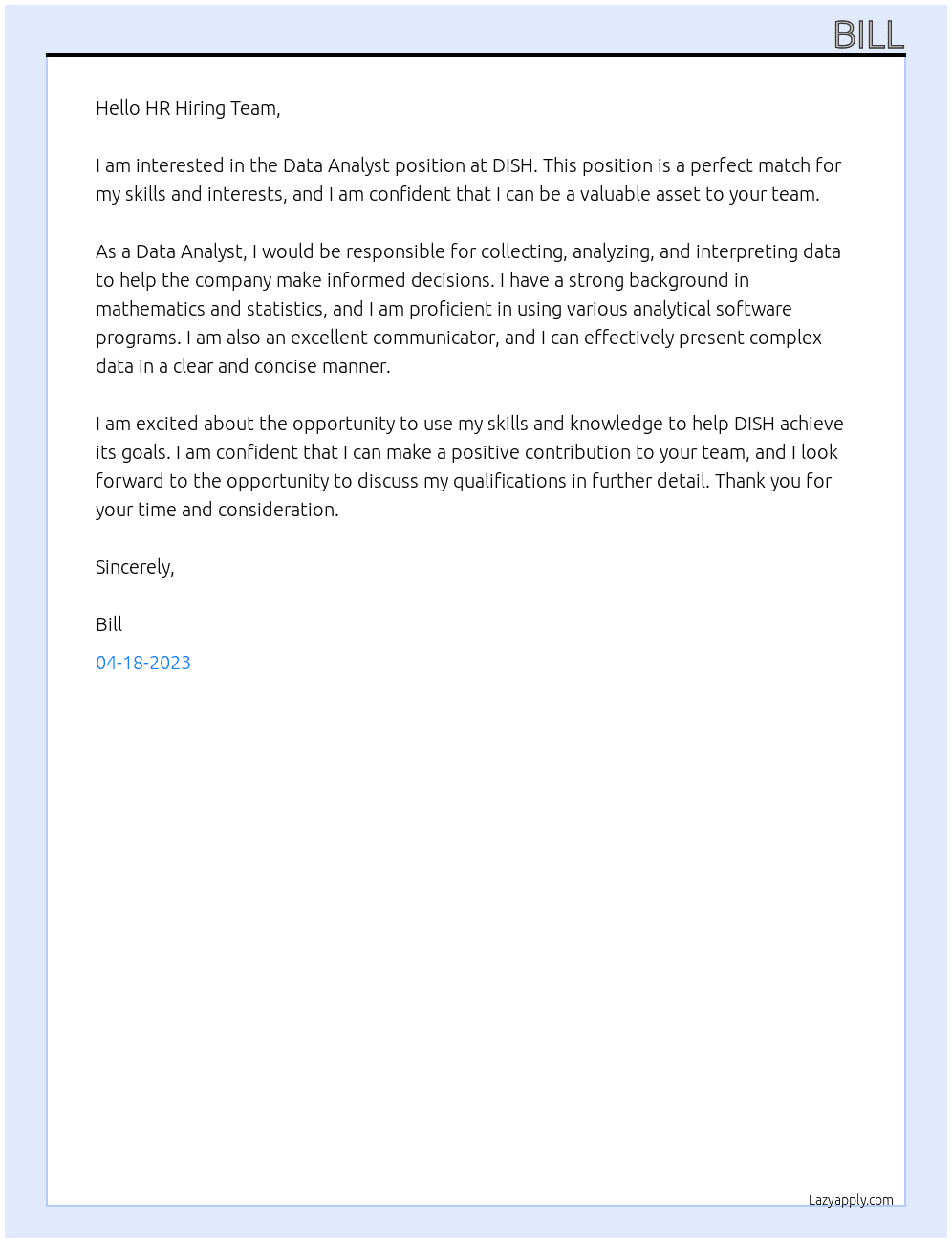 Data Analyst  At DISH Cover Letter