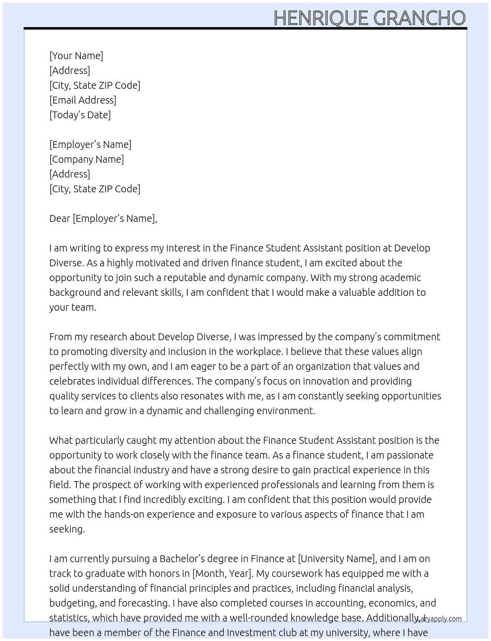 Finance Student assistant At Develop Diverse Cover Letter