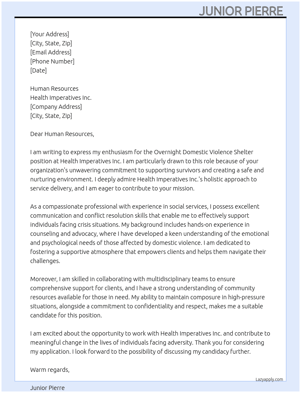 Overnight Domestic Violence Shelter At Health imperatives inc. Cover Letter