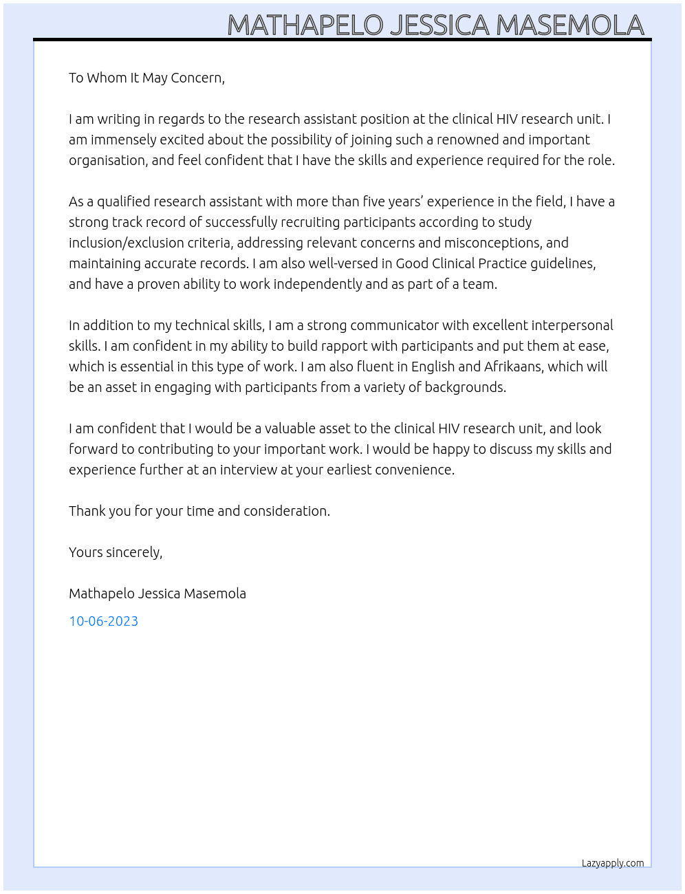 Research Assistant  At clinical HIV research unit  Cover Letter