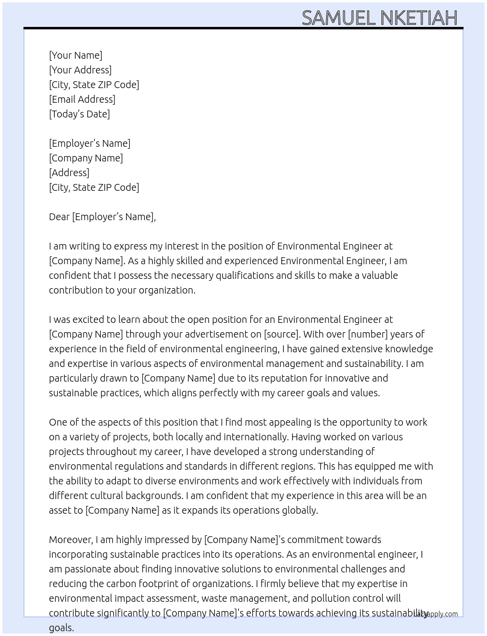 Environmental Engineer  At Any Cover Letter