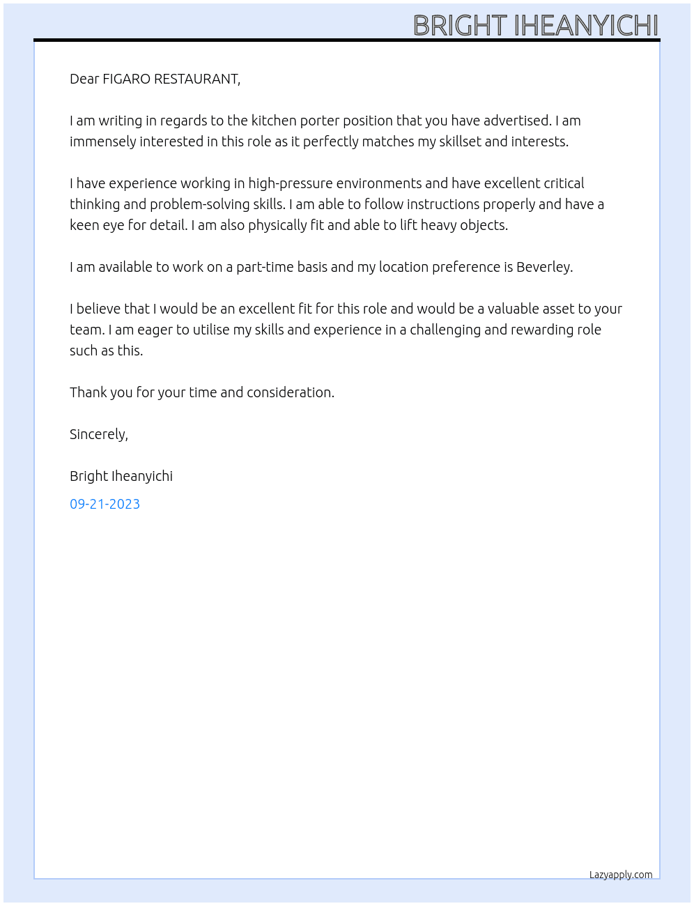 Kitchen porter  At FIGARO RESTAURANT Cover Letter