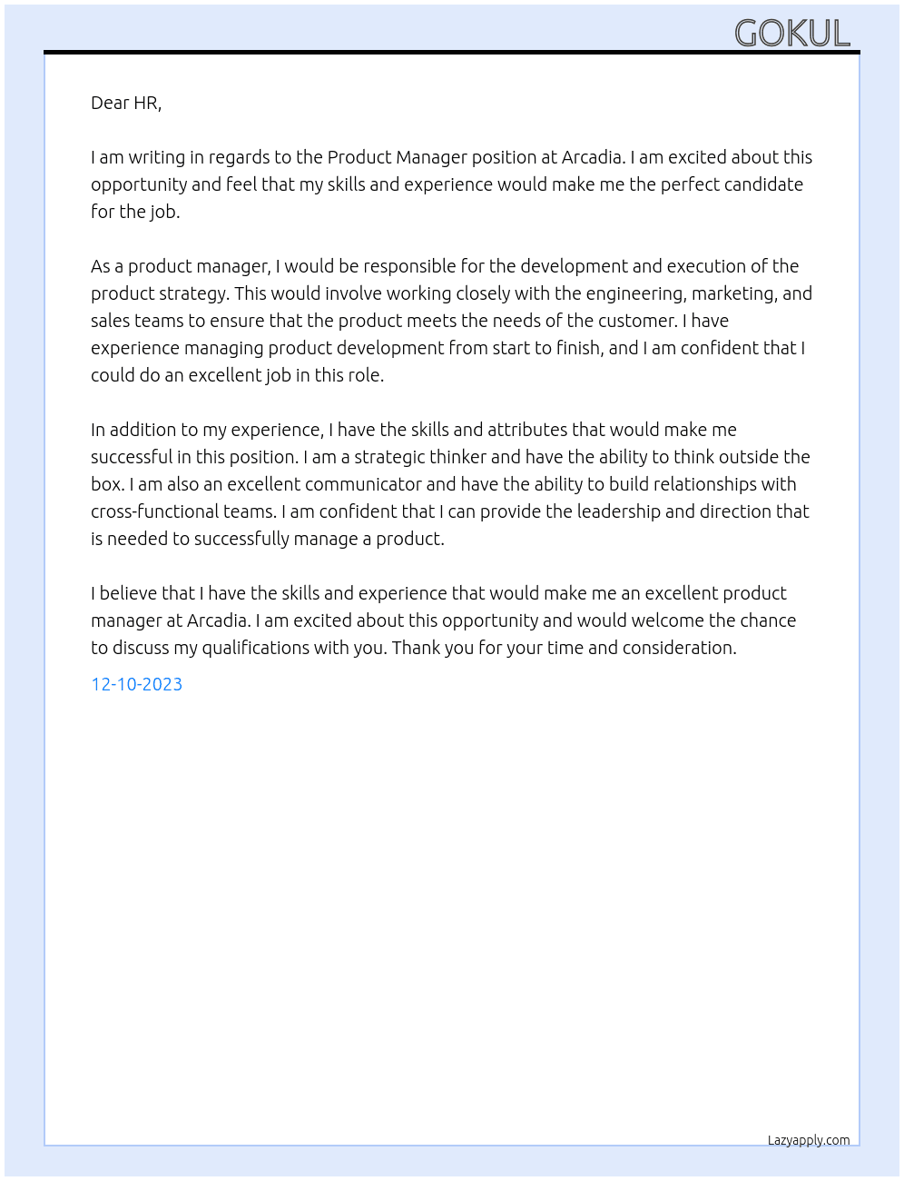 Product Manager At Arcadia Cover Letter