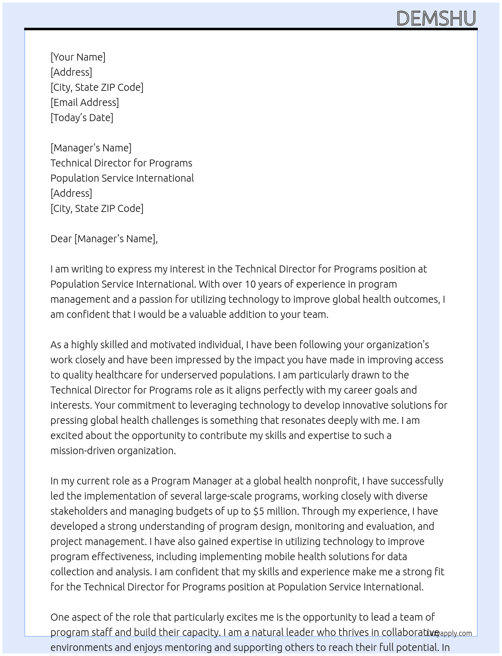  Technical Director for Programs At Population service international  Cover Letter