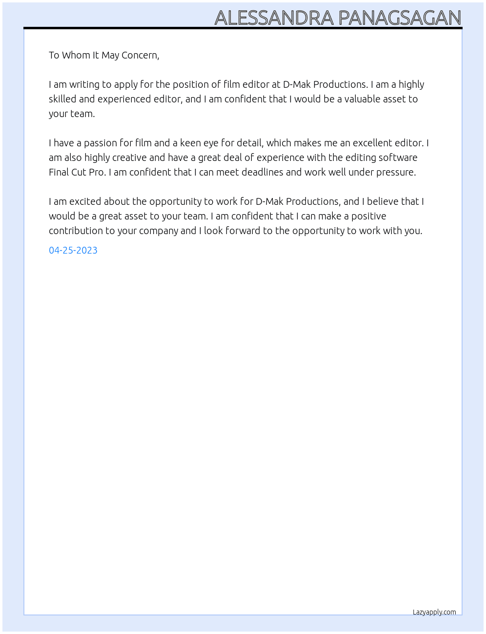 Film editor At D-Mak Production Cover Letter