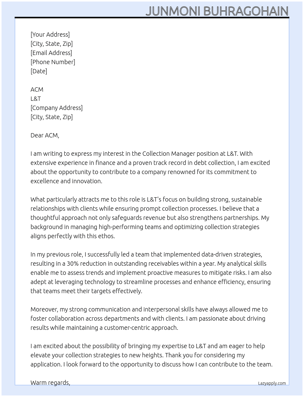 Cover letter for collection manager - LazyApply