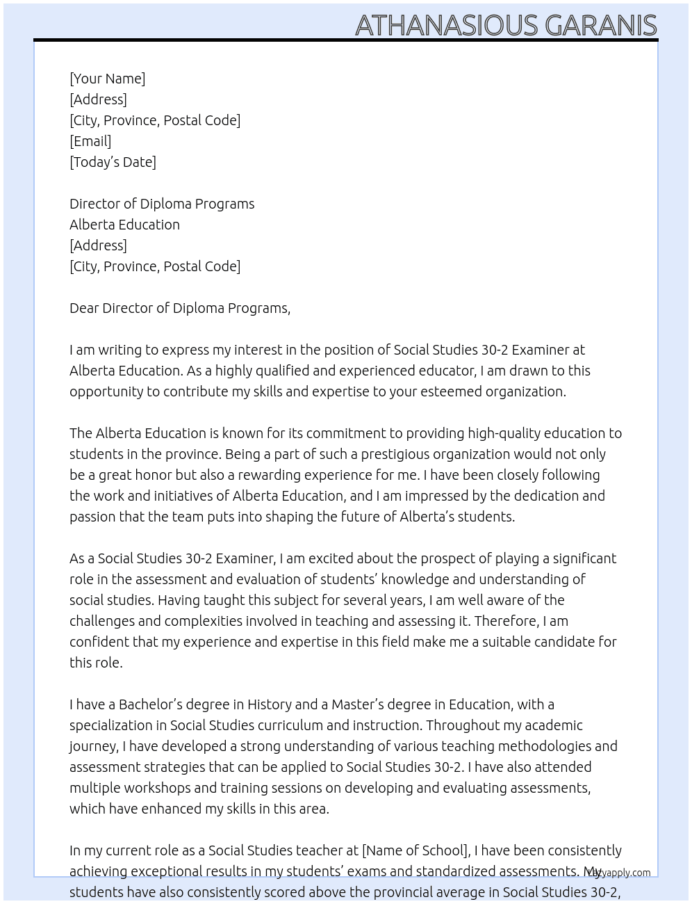 Social Studies 30-2 Examiner At Alberta Education Cover Letter