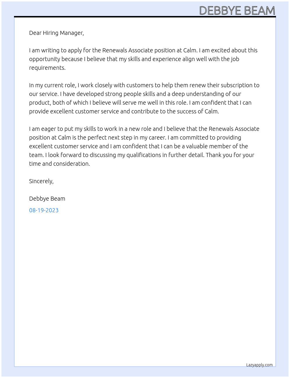 Renewals Associate  At Calm  Cover Letter