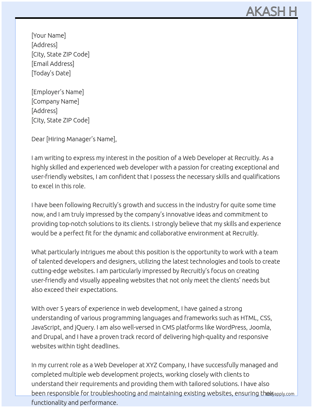 web developer At Recruitly Cover Letter