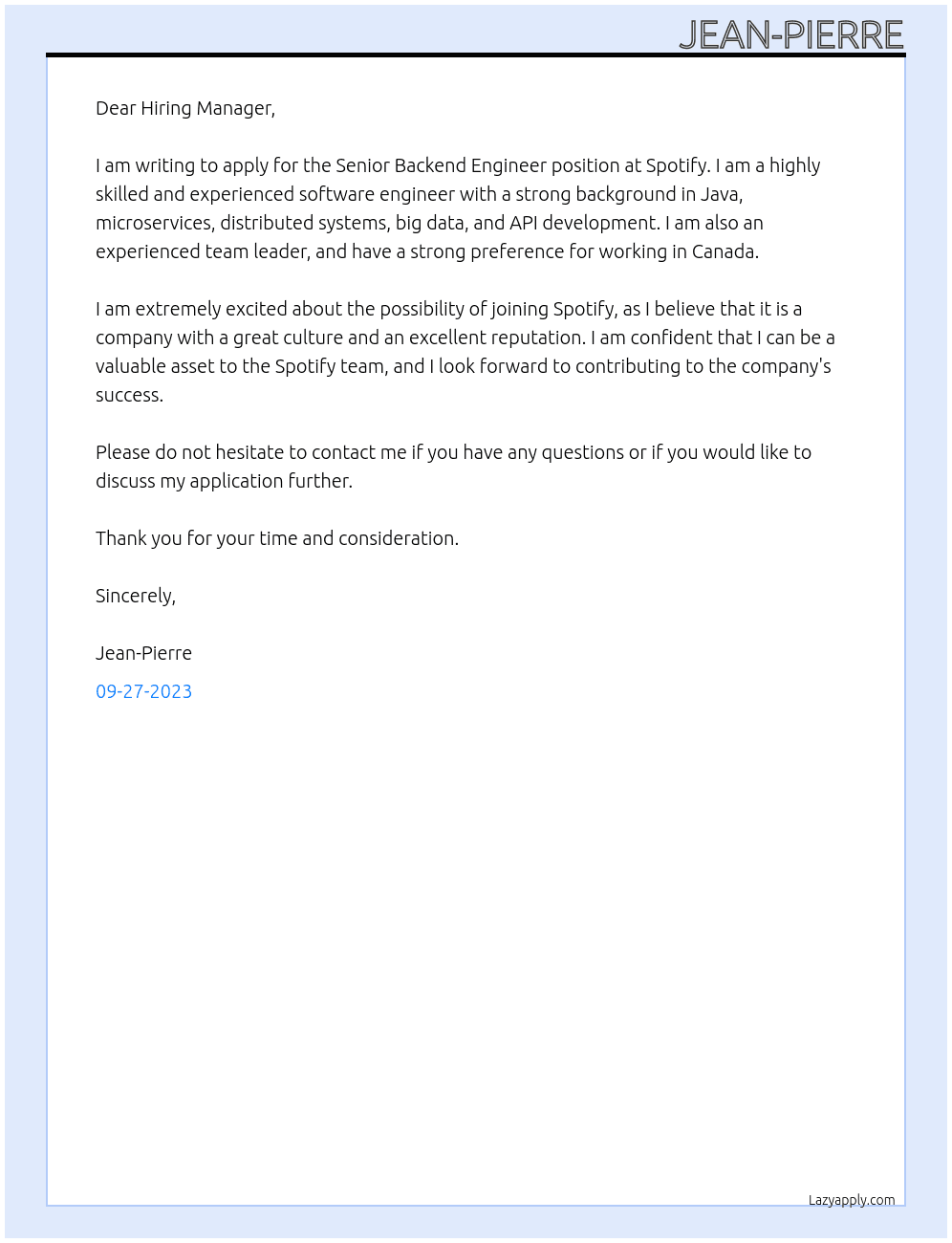 Senior Backend Engineer At Spotify Cover Letter