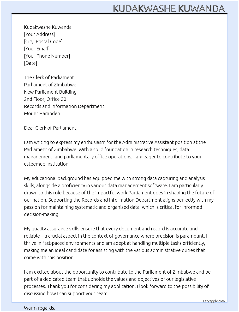 Administrative assistant  At Parliament of Zimbabwe  Cover Letter