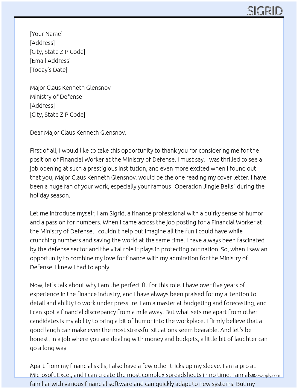 Financial worker At Ministry of defense Cover Letter