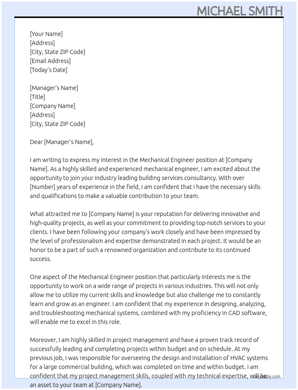 mechanical engineer At Industry leading building services consultancy Cover Letter