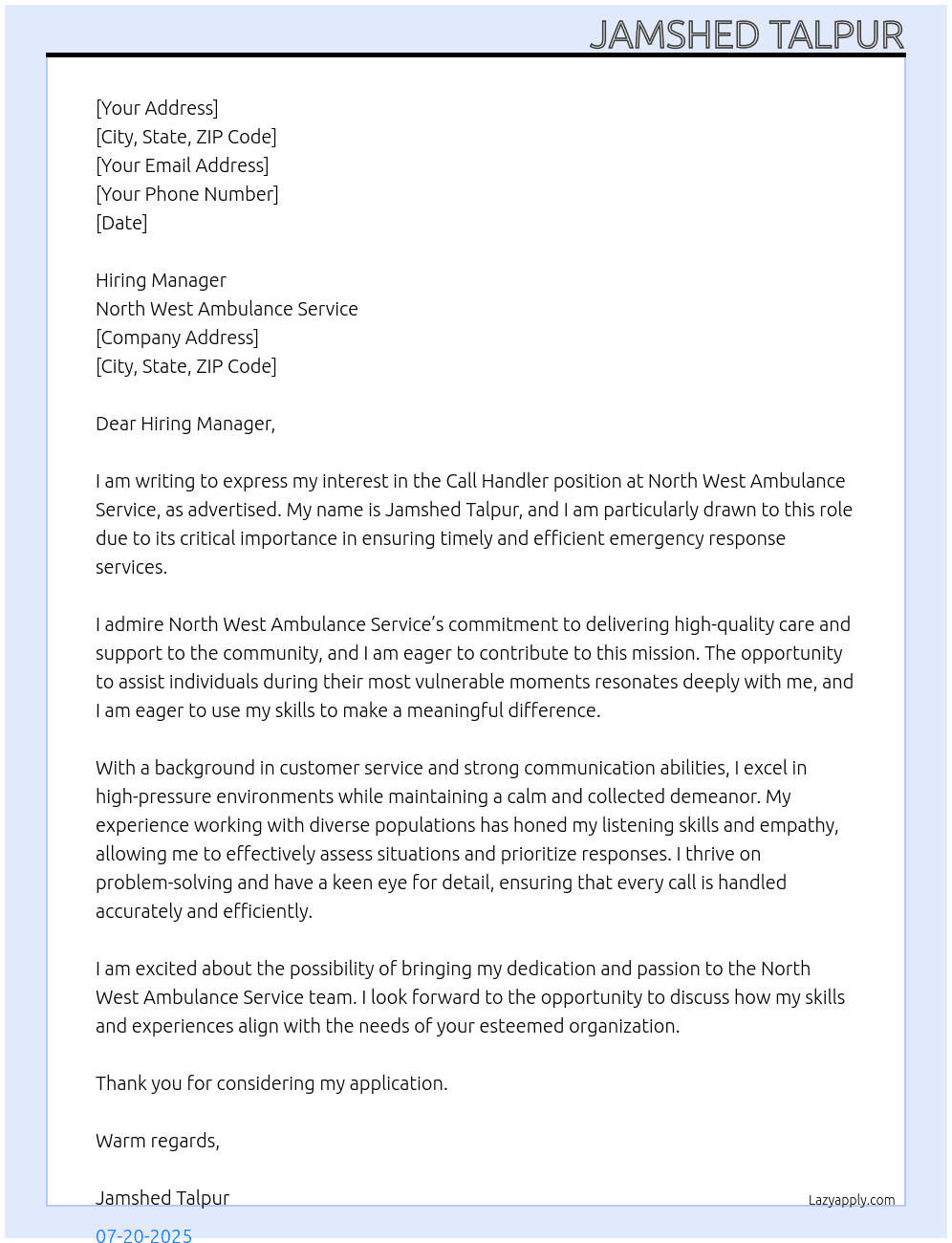 Cover letter for call handler - LazyApply