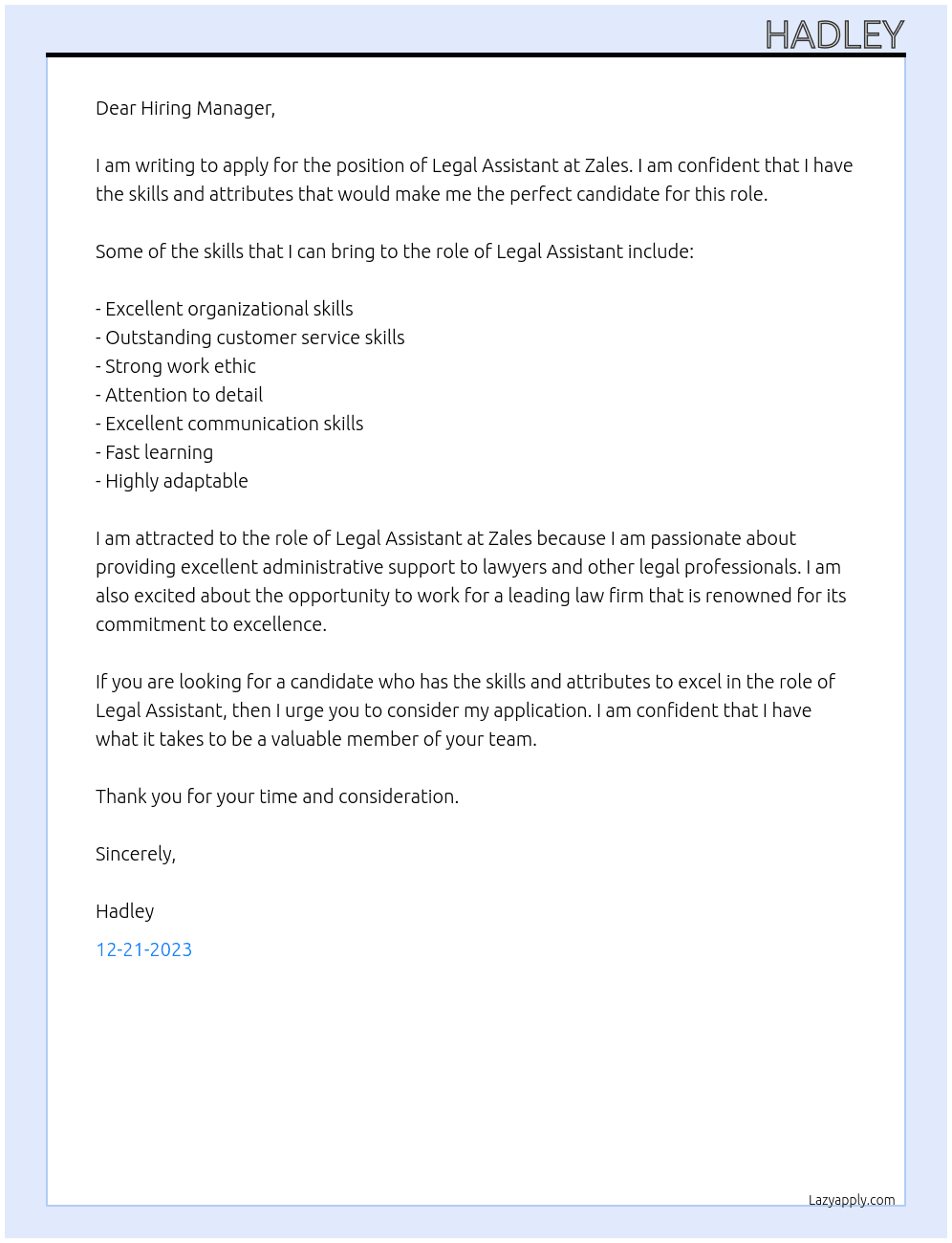 Legal Assistant At Zales Cover Letter